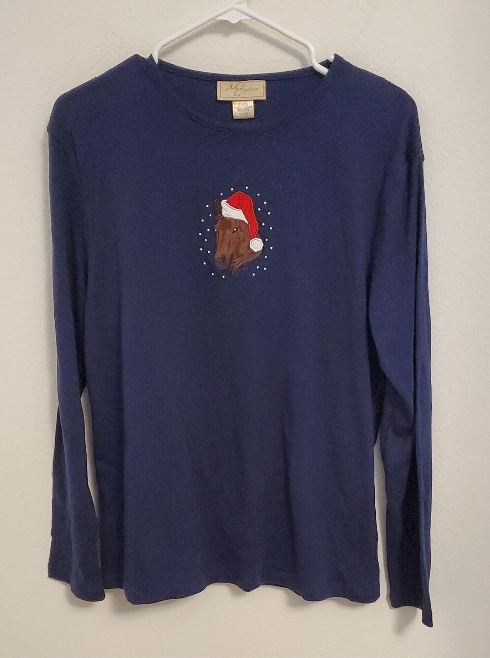 Women's 90s Y2K Long-Sleeve Navy Holiday Embroidered Horse Shirt